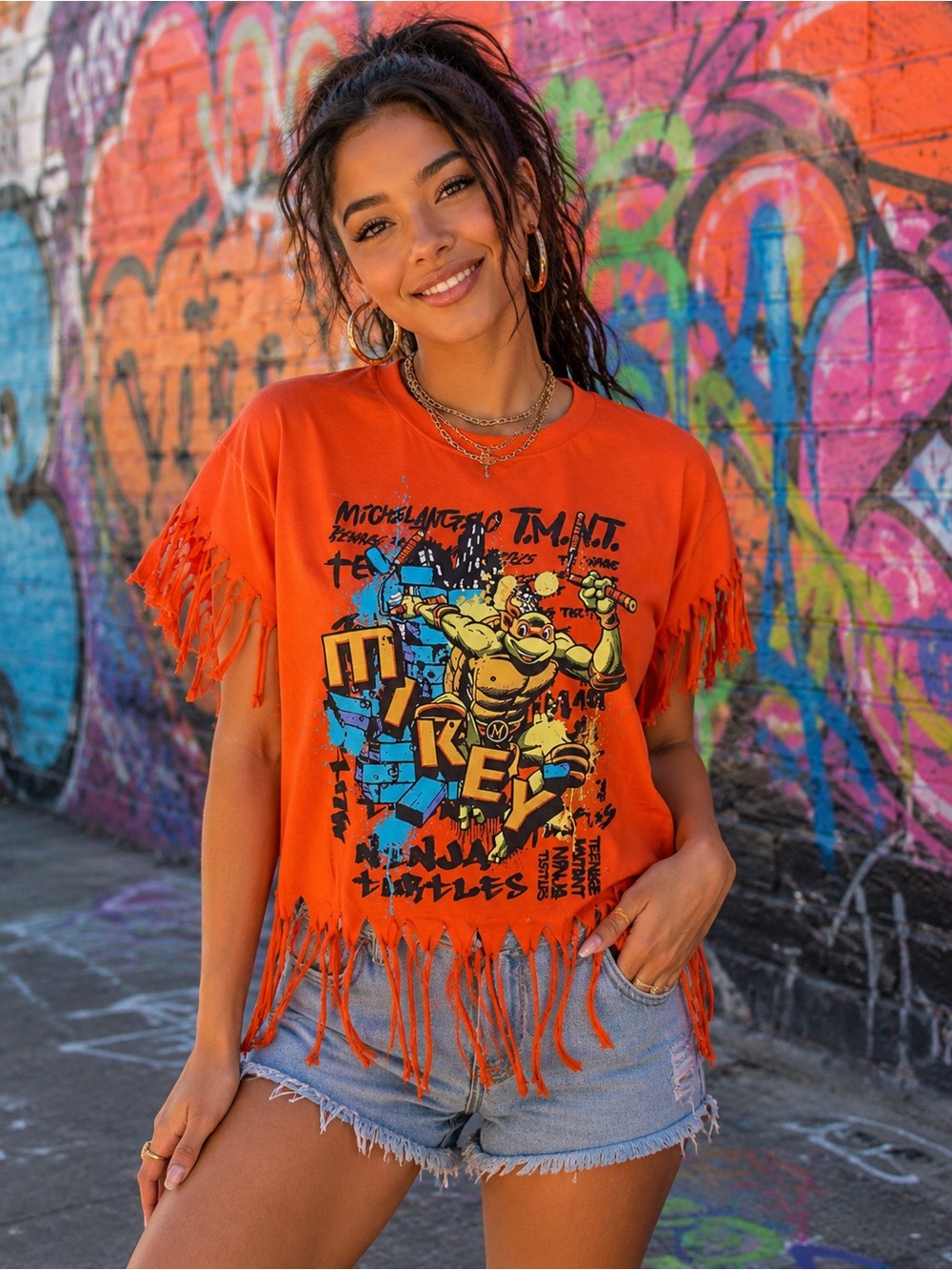 Nickelodeon‎ TMNT Michelangelo Orange Reworked Fringe Tee Women’s Large